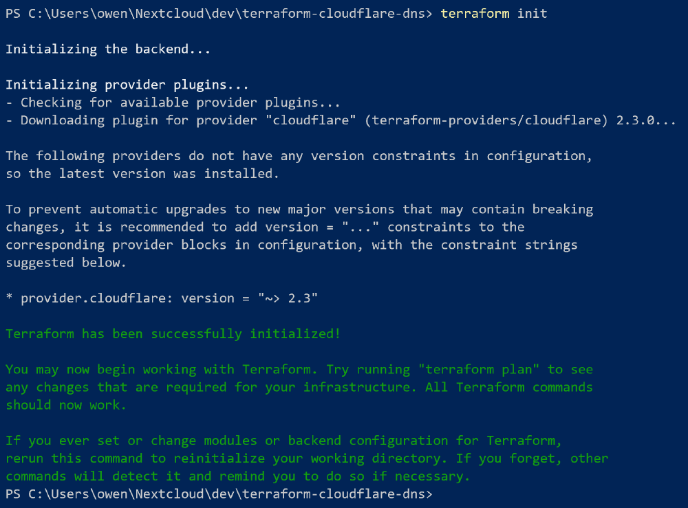 terraform init output